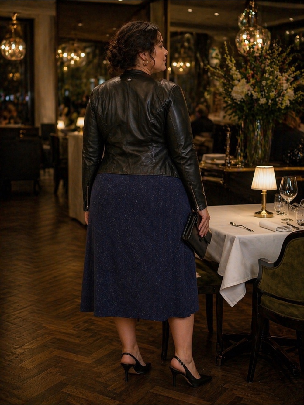 Market & Spruce Navy Shimmer Midi Dress | Long Sleeve Tie Waist Dress | Elegant - Picture 5 of 8